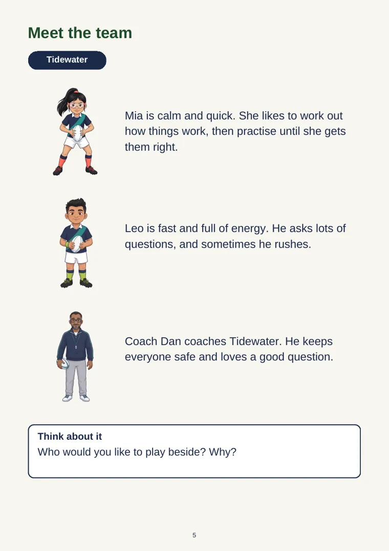 Page from Meet The Rugby Playbook introducing Mia, Leo and Coach Dan