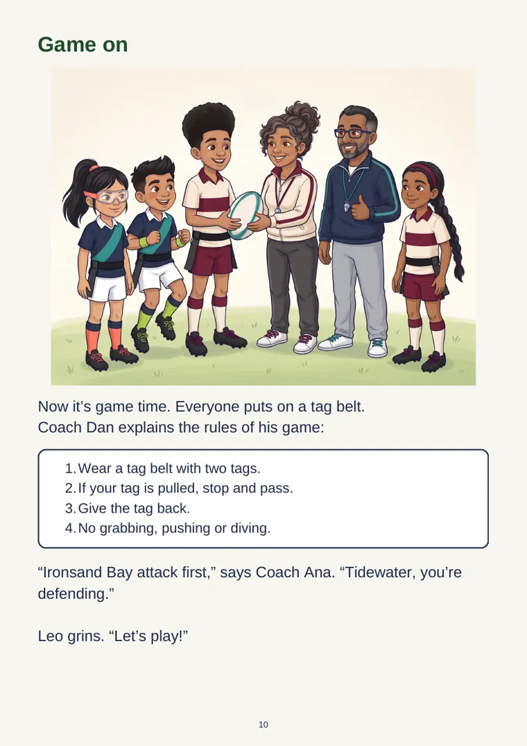 Page from Meet The Rugby Playbook showing Tidewater and Ironsand Bay players ready for a game