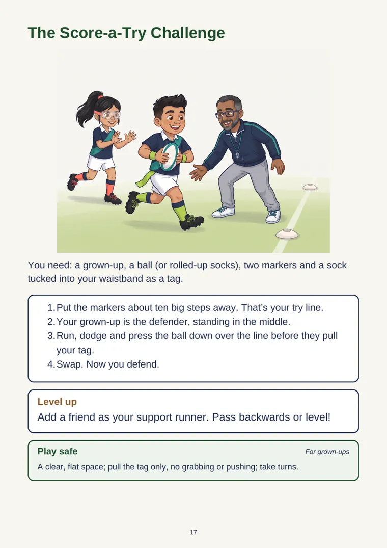 Page from Meet The Rugby Playbook showing the Score-a-Try Challenge